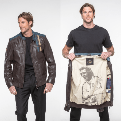 Veste cuir homme biker vintage marron – coupe cintrée style racing 24H Le Mans